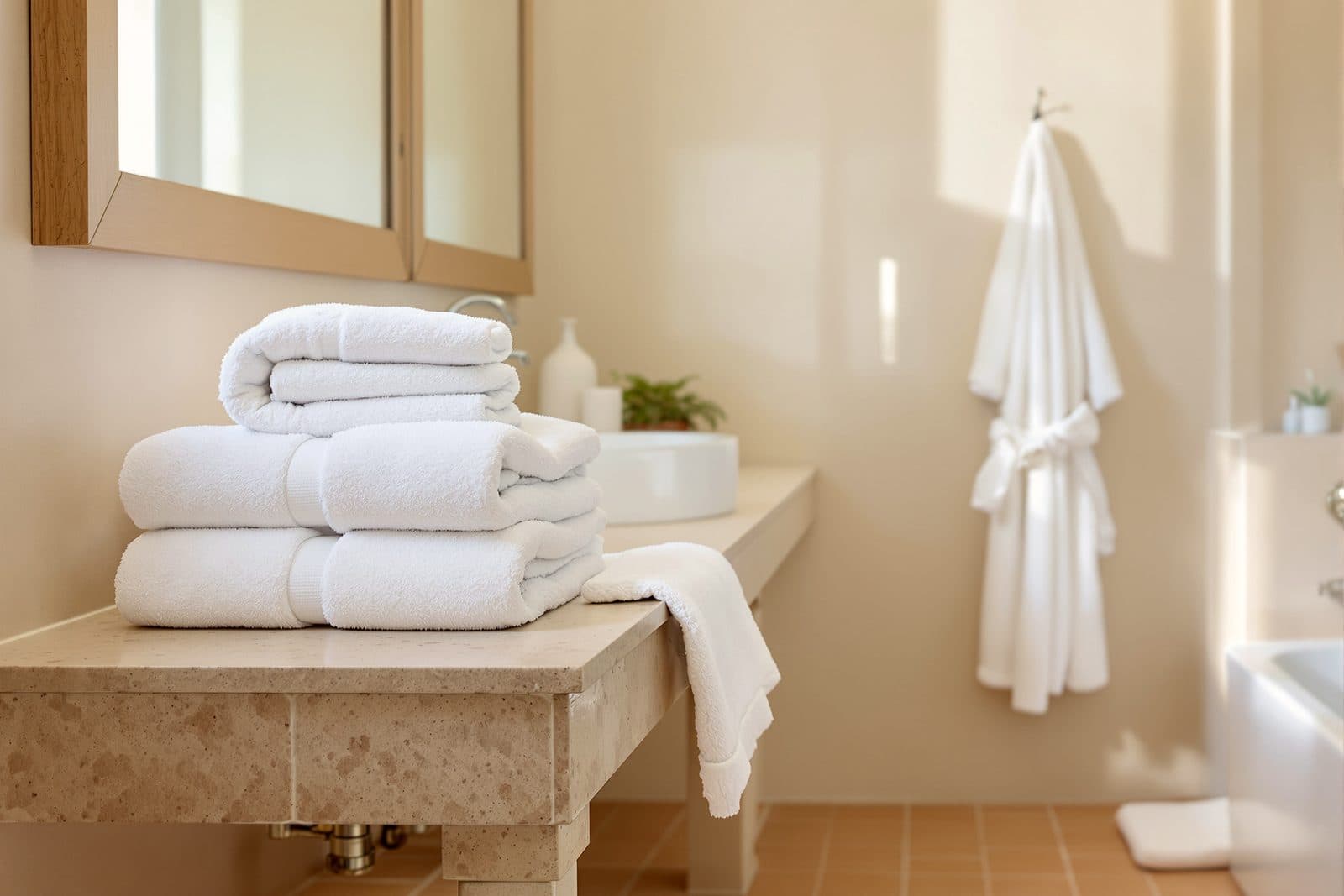 Salle de bains de villa avec serviettes blanches pliées et peignoir