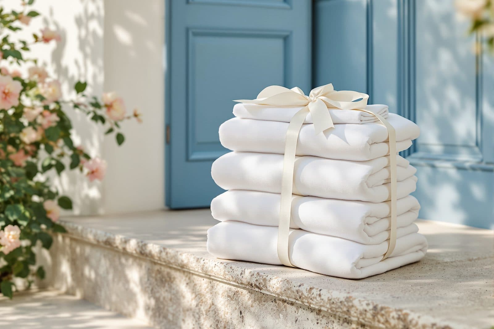 Pile de linge propre plié et noué devant l’entrée d’une maison
