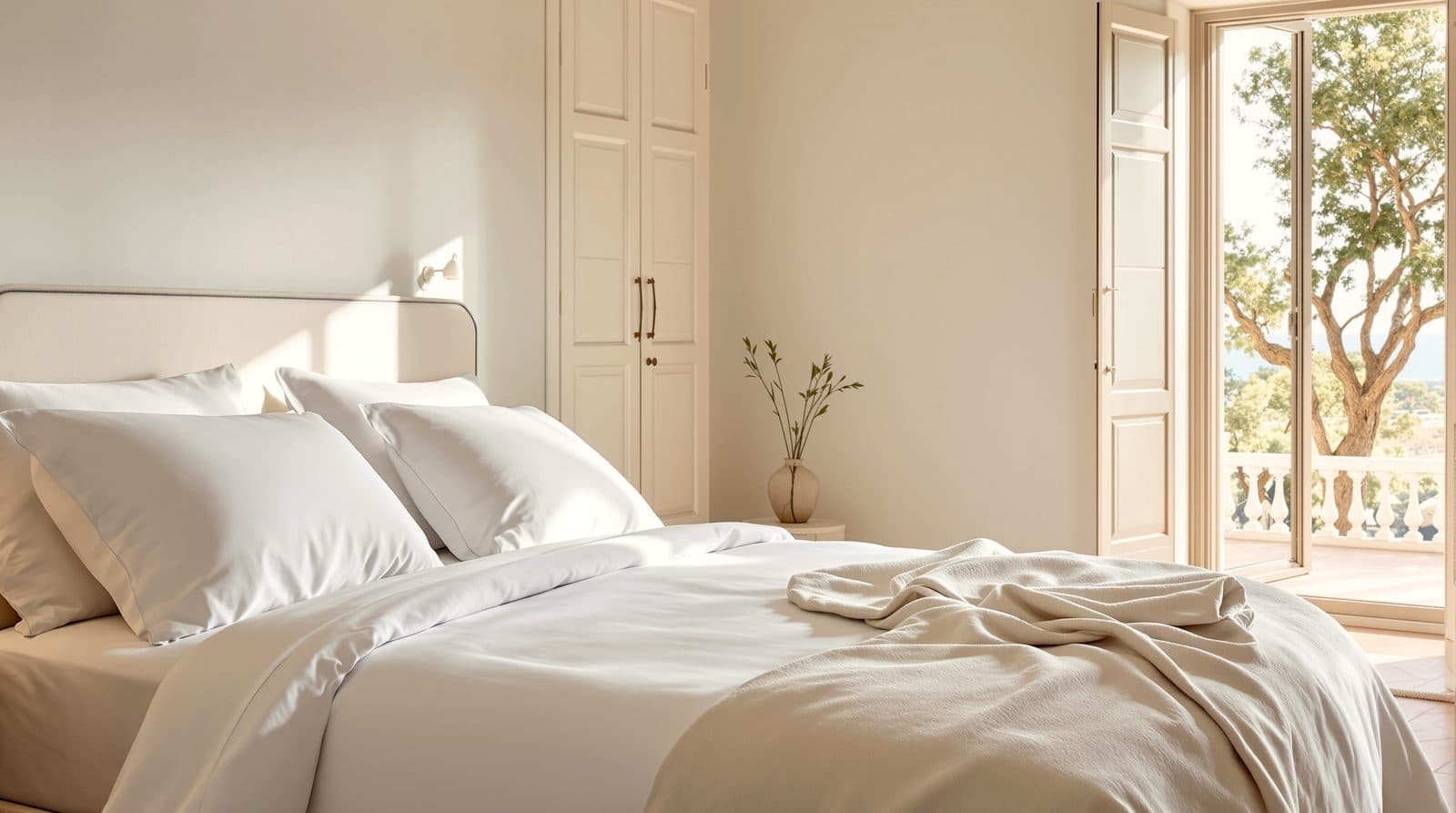Lit fait avec des draps blancs repassés dans une chambre de villa