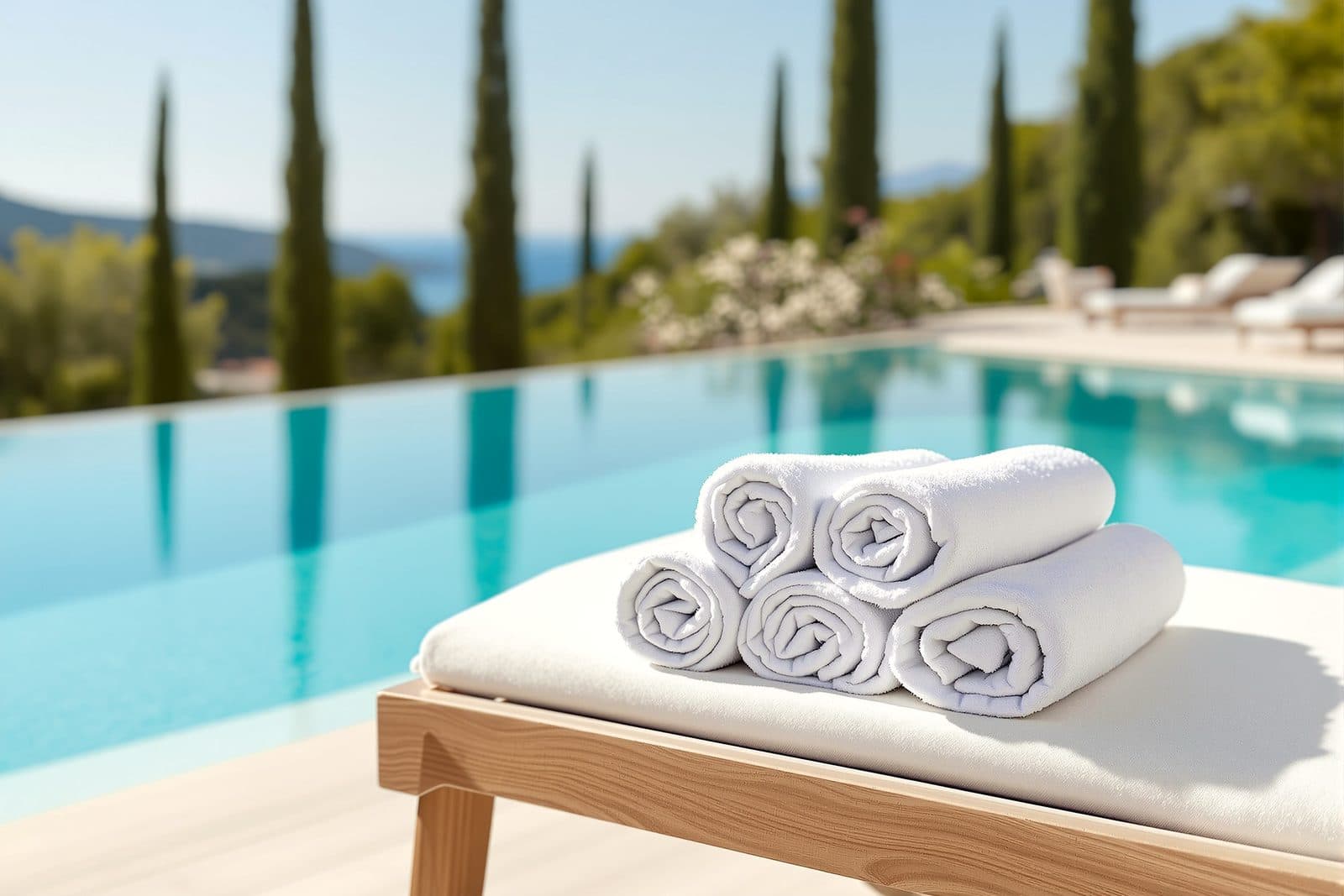 Terrasse de villa avec draps de bain roulés au bord d’une piscine