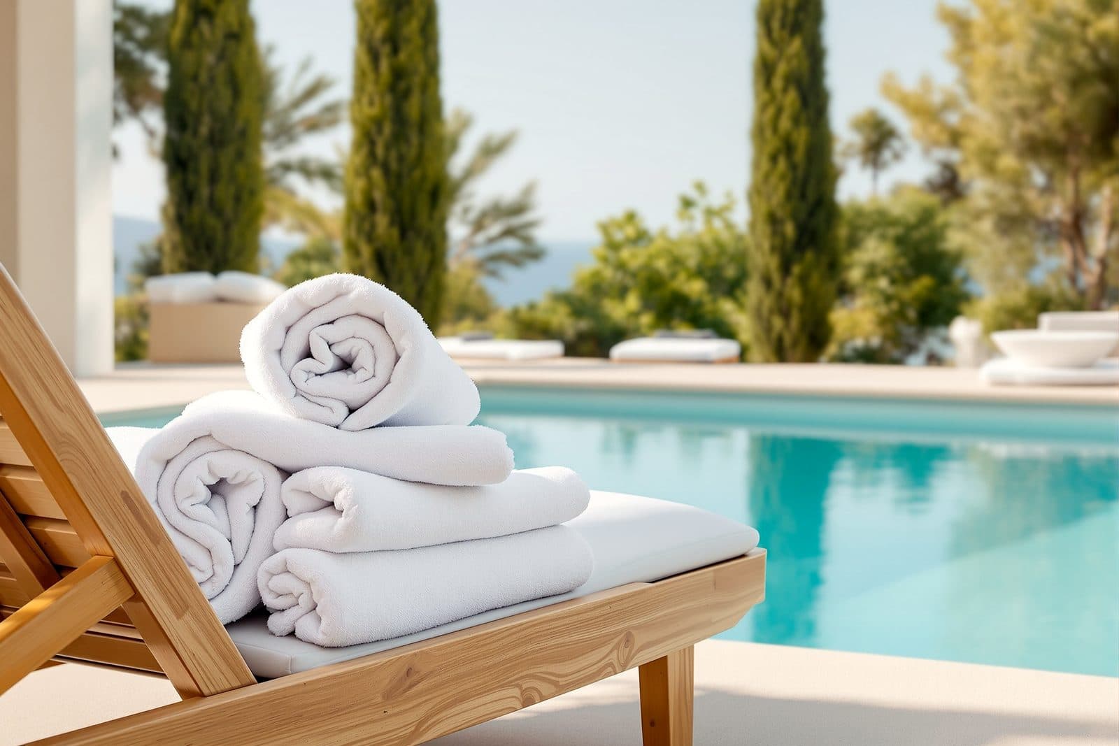 Draps de bain blancs roulés au bord d’une piscine de villa face à la mer
