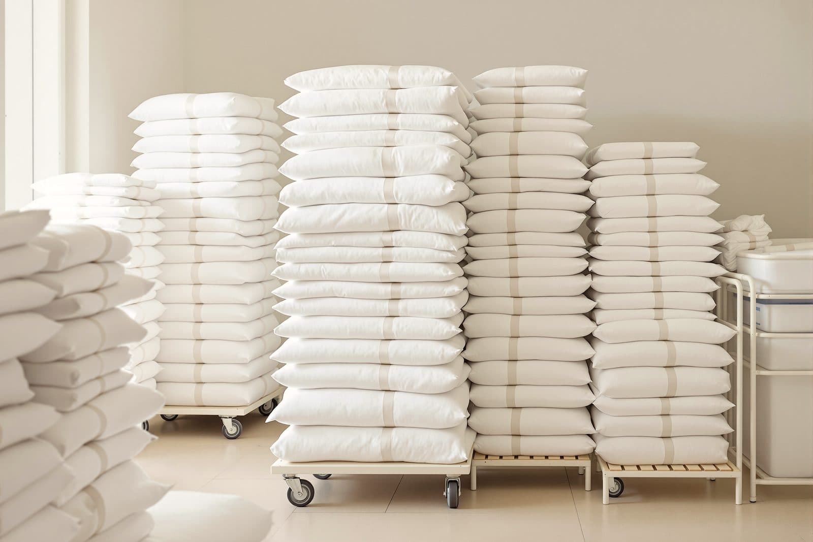 Piles de linge blanc organisées, prêtes pour une tournée