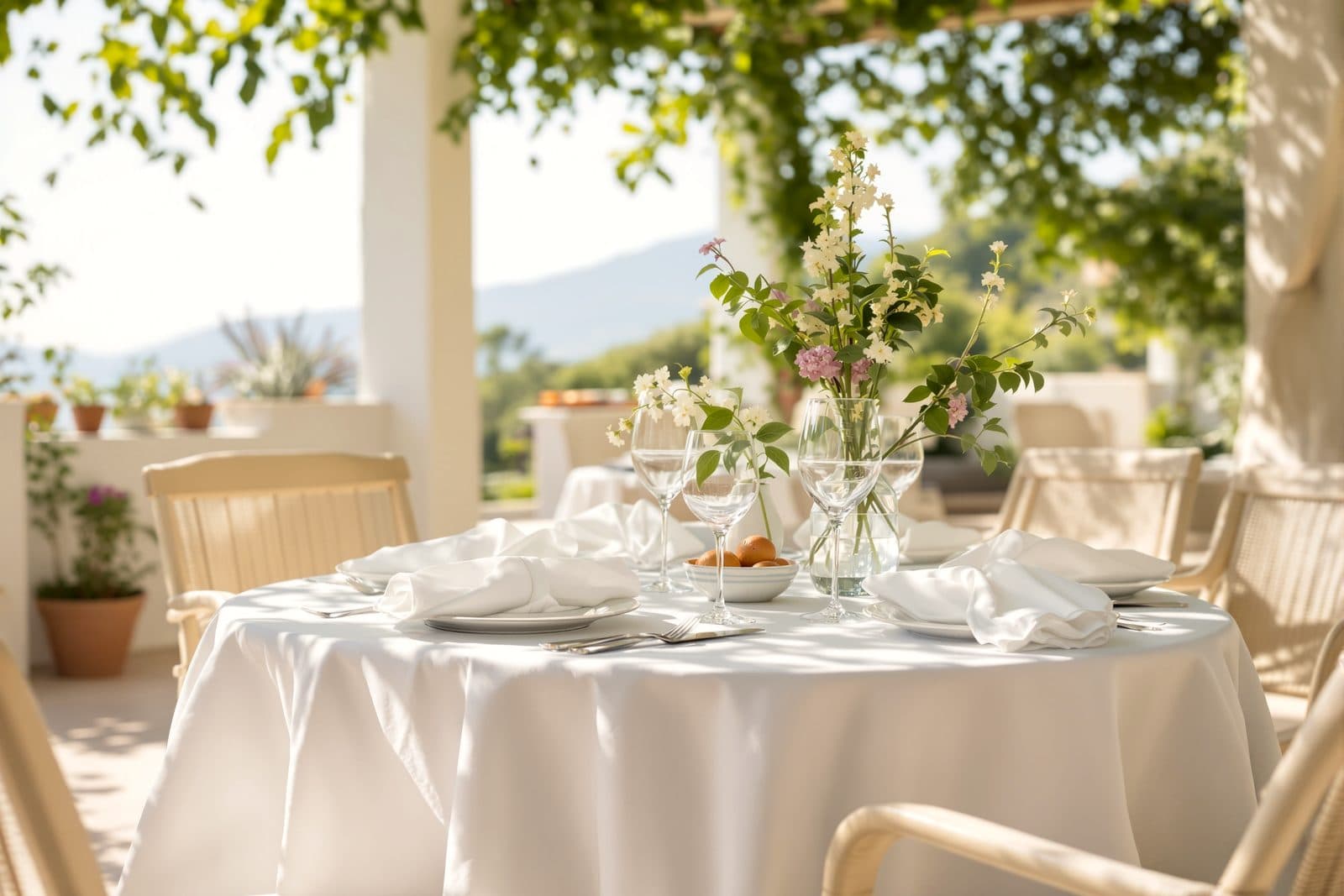 Table de terrasse dressée avec une nappe blanche et des serviettes pliées