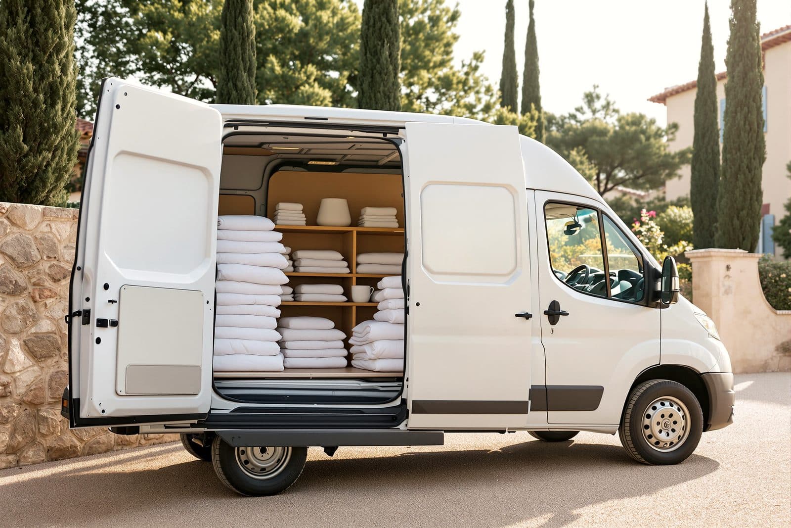 Camionnette blanche ouverte, chargée de linge propre plié